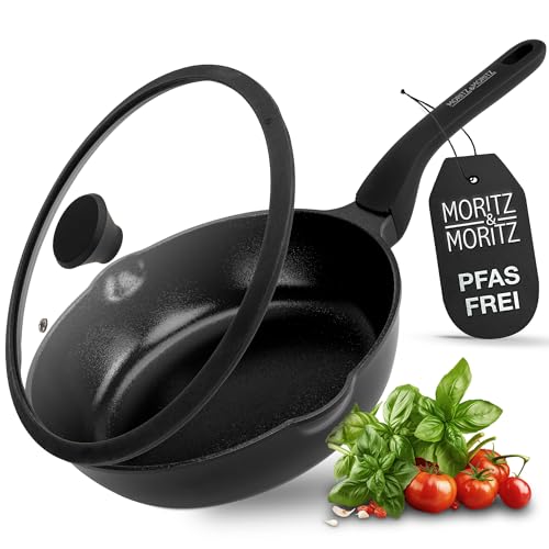 Moritz & Moritz 26cm Multipfanne mit Deckel Schwarz - Pfanne mit Antihaftbeschichtung & Soft-Touch-Griff - Ideal zum Braten, Schmoren und Dämpfen - 26 cm Durchmesser - Für alle Herdarten geeignet