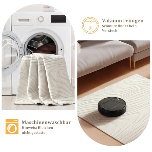 WONGS BEDDING Wohnzimmer Teppich Modern Waschbar 80x150cm, Creme Wellen – Ansicht 7