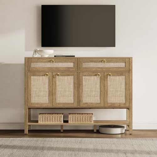 Image of SICOTAS Rattan Sideboard Buffet Cabinet with with Open Storage - Larger Coffee Bar Cabinet Credenza with Drawers, Farmhouse Boho Buffet Console Table for Living Room, Entryway, Kitchen (2 PCS)