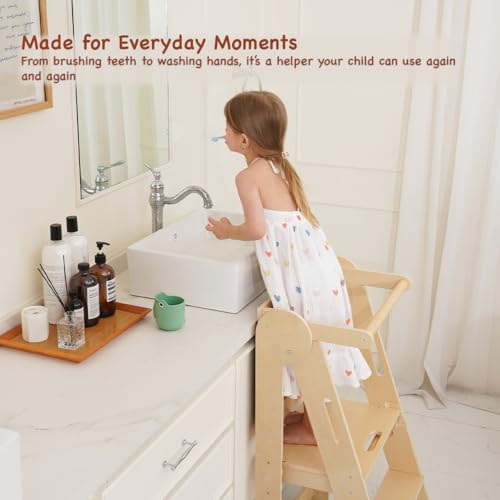 Montessori Lernturm klappbar & 3-stufig höhenverstellbar - Faltbarer Küchenhelfer für Kinder - Mitwachsender Tritthocker aus Holz mit Sicherheitsgeländer, platzsparend für Küche und Bad