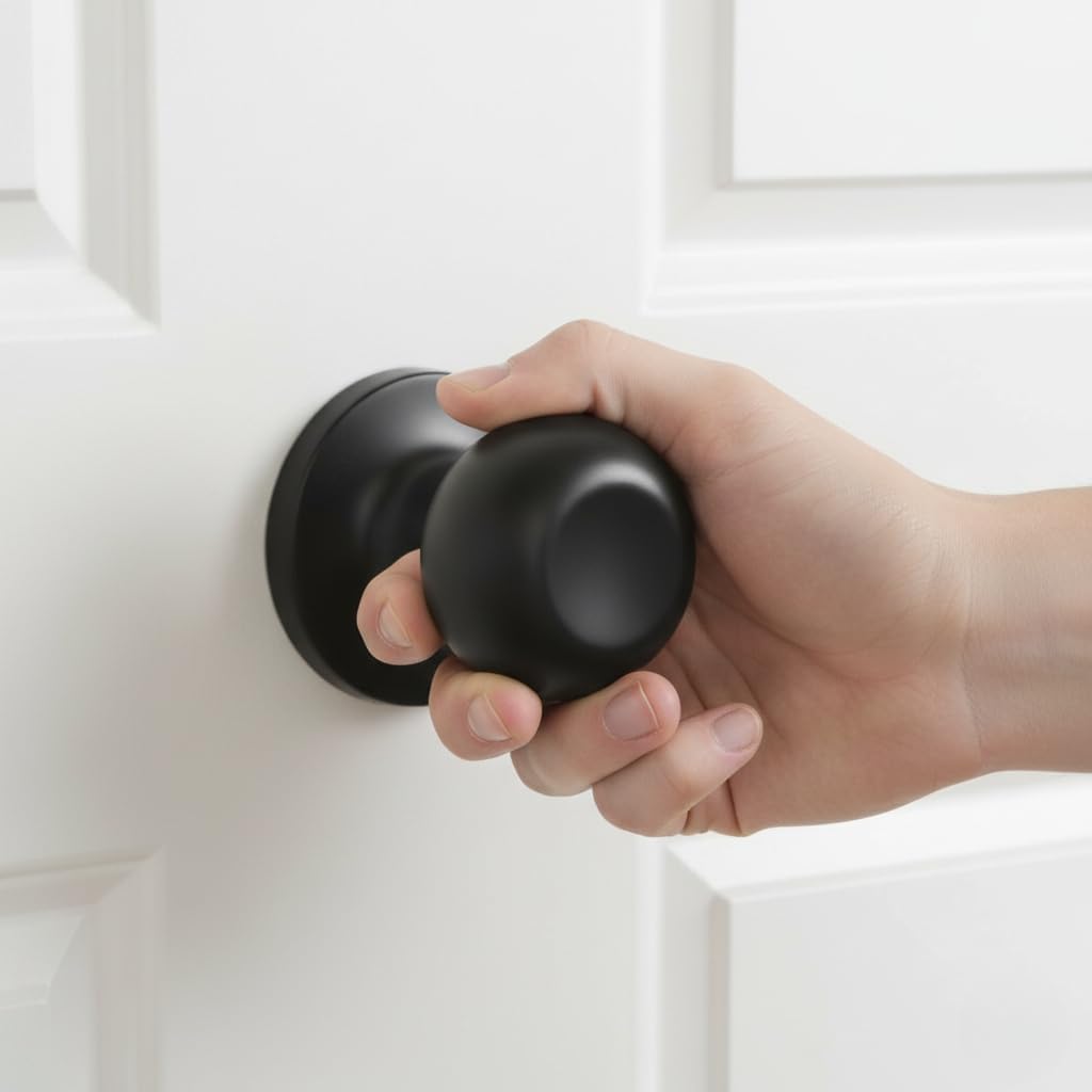 Black Passage Door Knobs Without Lock, Round Ball Door Handles for Hallway Closet Pantry, Matte Black Interior Door Knob Set, Easy Install, Non Locking, Pack of 6