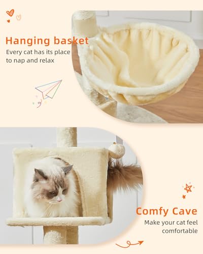 Image of Taoqimiao Cat Tree, 49In Cat Tower for Indoor Cats Large Adult | 2 Luxurious Cat Condos, Thick Padded Top Perch, Adjustable Hanging Baskets, 5 Scratching Sisal Posts, Beige MS029LM