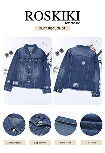 Roskiki Evaless Womens Stylish Ripped Distressed Denim Jacket Pockets Front Slouchy Fray Hem Details Long Sleeve Jean Coat Blue 2X-Large #TOP4