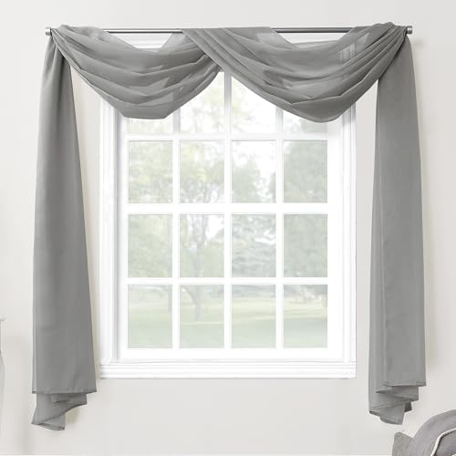 Image of No. 918 53566 Emily Sheer Voile Rod Pocket Curtain Panel, Valance Scarf, Charcoal