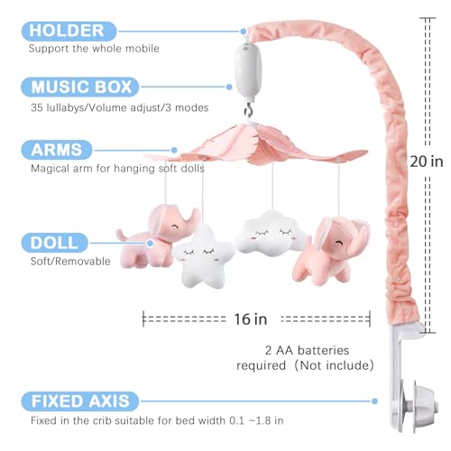 FEISIKE Baby Crib Mobile for Girls Boys with 3 Modes Digital Musical Motor(Rotating Only, Music Only, Rotating & Music, 35 Lullabies, Pink Elephant Nursery Mobile, Knob Type - Image 4