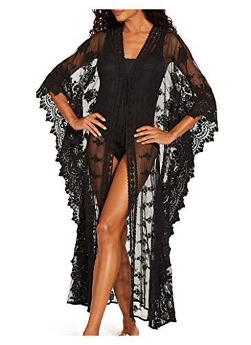 Wander Agio Womens Bikini Loose Cover Ups Beach Casual Dress Coverup Swimsuits Long Cardigan Embroider Black 24