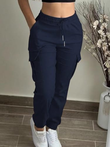 Women's Wide Leg Casual Pants Pocketed Elastic Waist Drawstring Loose Cargo Pants3