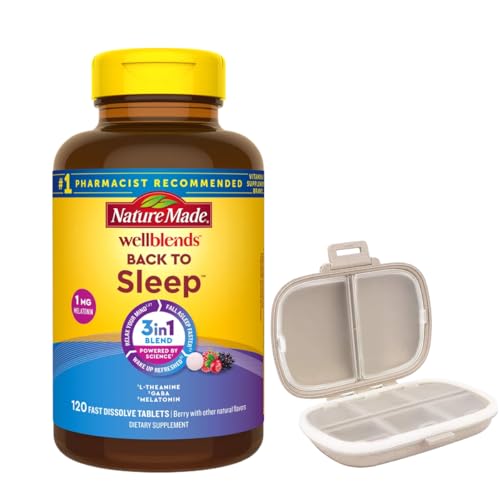 Nature Made Wellblends Back to Sleep 120 Fast Dissolve Tablets Lower Dose Melatonin 1 mg L theanine 100 mg and GABA 100mg Sleep Supplement Bundle with a Pill Oragnizer (2 Items)