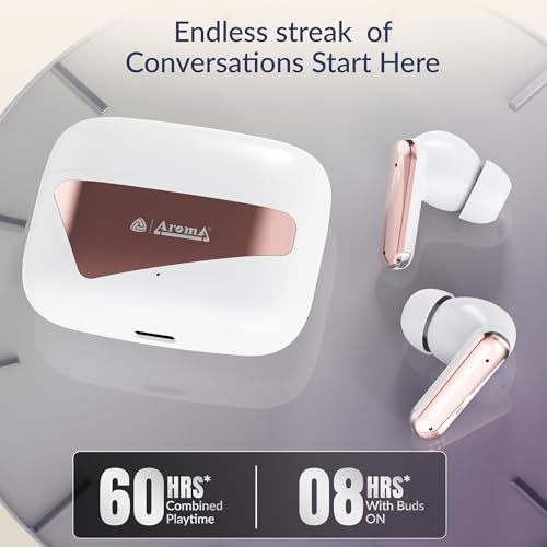 Image of AROMA TWS8 Harmony V5.4 True Wireless Earbuds - Chrome White | 60H Playtime, ENC, Fast Charging, Heavy Bass, Bluetooth