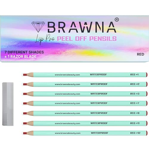 BRAWNA 7 lápices Lip Pro para rubor labial, mapeo de cejas, microblading - Lápiz PMU con cuchilla de afeitar para cejas - Suministros PMU - Rojo