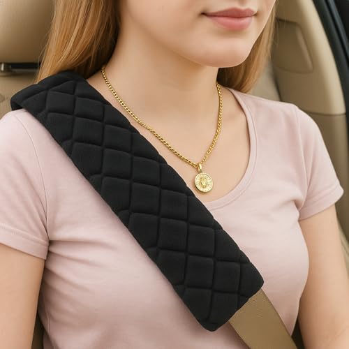 Seat Belt Comfort Pads – 2-Pack Car Seat Belt Covers with Hook & Loop Strap, Travel Cushion for Added Comfort, Adjustable Black Seatbelt Shoulder Pads