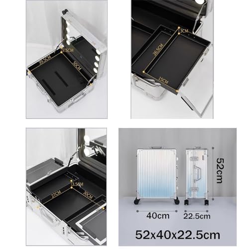 Estuche profesional de maquillaje rodante, organizador de cosméticos de aluminio duradero para artistas, estación de tocador móvil, negro (rayas)