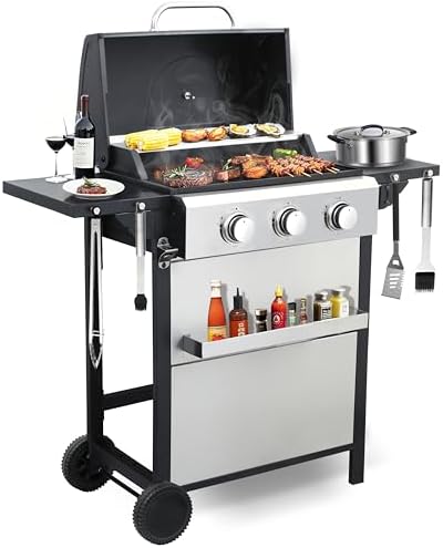 3-Burner Propane Gas Grill with 30,000 BTU Output - Easy-Clean Gr...