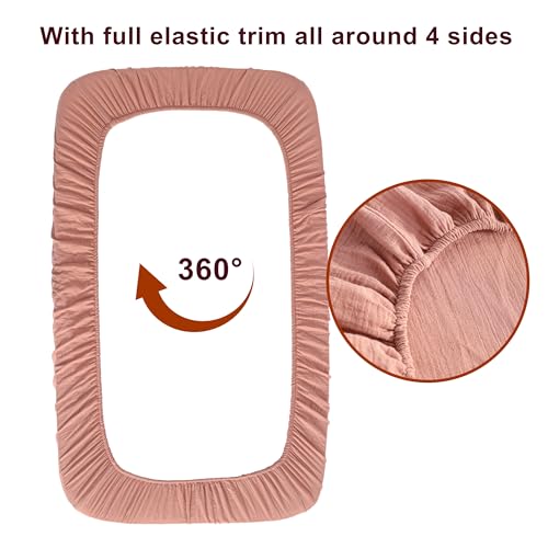 Image of NTBAY 2 Pack Muslin Cotton Mini Crib Sheets, Soft and Breathable Double Layer 24x38 Baby Crib Sheets for Mini Crib and Toddler Mattresses, Boys, Girls, Unisex, Blush Pink, 24x38 Inches
