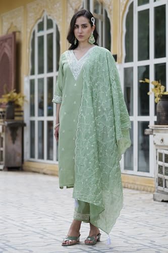 Image of VredeVogel Women's Silk Blend Kurta Pant Set with Chanderi Embroidery Work Dupatta