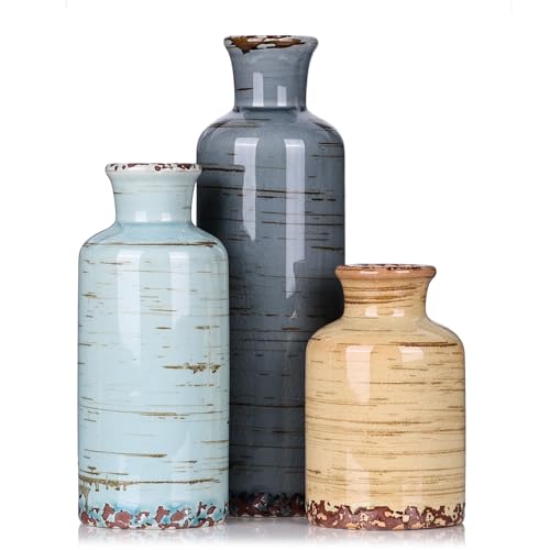 Image of Ceramic Vase Set - 3 Small Flower Vases Home Decor, Modern Rustic Farmhouse Pottery Vases for Centerpieces, Living Room, Kitchen, Shelf, Bedroom, Bathroom, Fireplace, Table Shelf and Entryway Decor