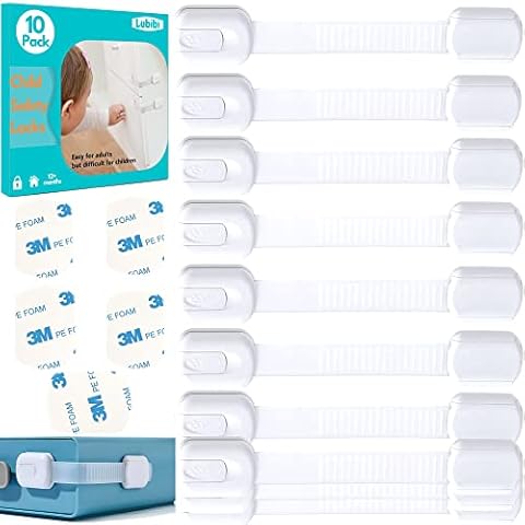 Lubibi Adjustable Child Safety Lock,10 Pack Child Safety Cupboard Locks&8 Extra 3M Double-Sided Adhesive, Baby Proofing Locks With No Trapped Fingers, For Cabinet, Drawer, Refrigerator, No Tool Needed Cover