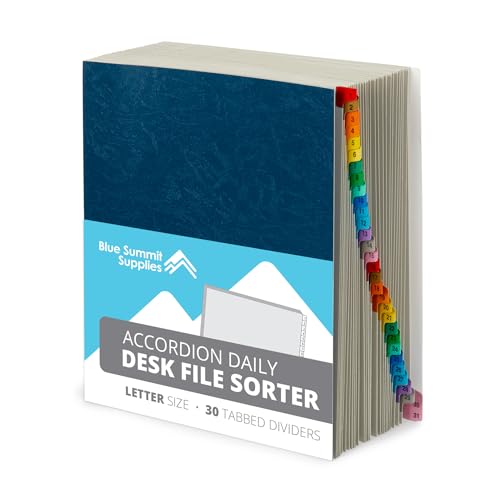 Blue Summit Expanding 1-31 Desk File Sorter, 31 Day Accordion File Organizer, Letter Size Document Sorter and Tickler Folder, Blue