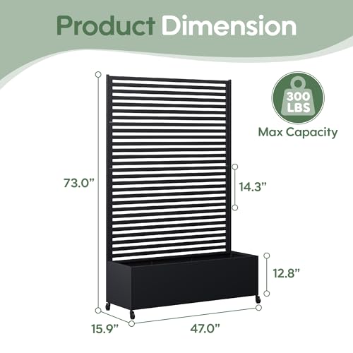 Metal Planter Box with Trellis Privacy Screen, Raised Garden Bed with Trellis & Wheels, Privacy Planters for Patio, Planter Box with Drainage Holes for Climbing Plants, Flower, 73"x 47"x 16", Black