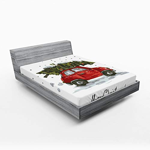 Ambesonne Christmas Fitted Sheet, Retro Style Car Xmas Tree Vintage Family Style Illustration Snowy Winter Art, Soft Decorative Fabric Bedding All-Round Elastic Pocket, Queen Size, Green Red