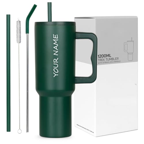 Image of Personalised with Your Name, 1200ml Tumbler with Straw-Handle-Stainless Steel Double Wall Insulated Cup | Leakproof Sipper Mug for Hot-Cold Drinks |Coffee - WaterTumbler (Green Custom)