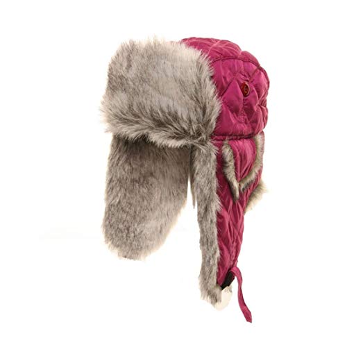 JMC New Ladies Quilted Trapper HAT with Grey Faux Fur Trim (Fuschia)