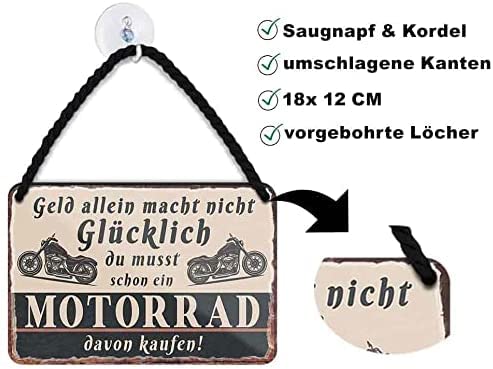 schilderkreis24 – Blechschild Lustiger Biker Spruch “Geld alleine macht nicht glücklich..“ Deko Metallschild Motorrad Garage Werkstatt Keller Motorradfahrer 18x12 cm