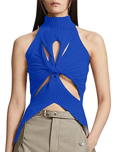 Image of SAFRISIOR Women Sexy Hollow Out Twist Front Knitted Tank Tops Sleeveless High Neck Cut Out Sweater Vest