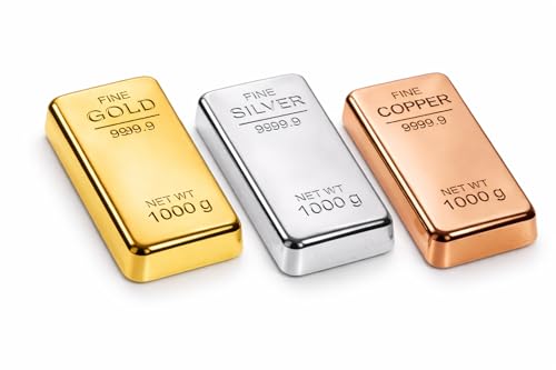 Image of ZAHEPA Realistic Metal Gold, Copper & Silver Bar Paperweight for Office Table, Fake Biscuit Paper Weight Table Decoration, Prop for Jewellery Shop & Heist Theme, Gift for Home & Office (Pack of 3)