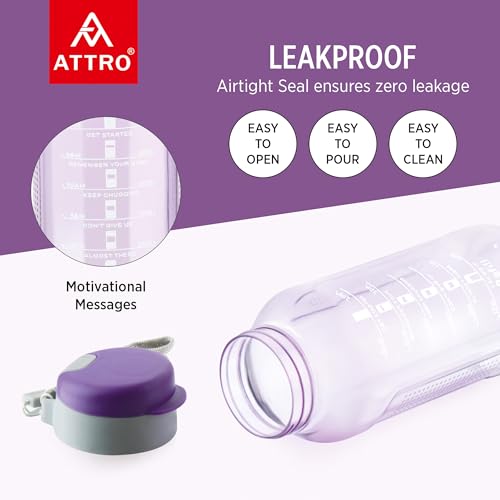 Image of ATTRO Ultra Pro Motivational 1-Liter BPA-Free Water Bottle with Leak-Proof Flip-Top Cap, Nylon Strap and Stylish Color for Daily Hydration Set of 4-Violet