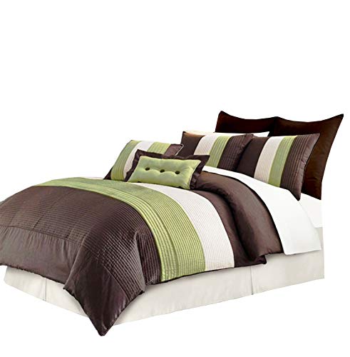 Chezmoi Collection 8-Piece Luxury Stripe Duvet Cover Set, Beige/Green/Brown, King