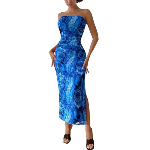 Amazon.com: Women's Tube Top Maxi Dresses Printed Tie Dye Strapless Bodycon  Long Dress Split Side Sleeveless Party Elegant Outfits Blue : Clothing,  Shoes & Jewelry