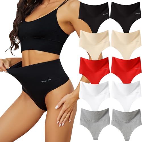 Thongs for Women High Waisted Tunmmy Control Underwear Soft Stretchy No Show High Rise Thong Panties 5 Pack