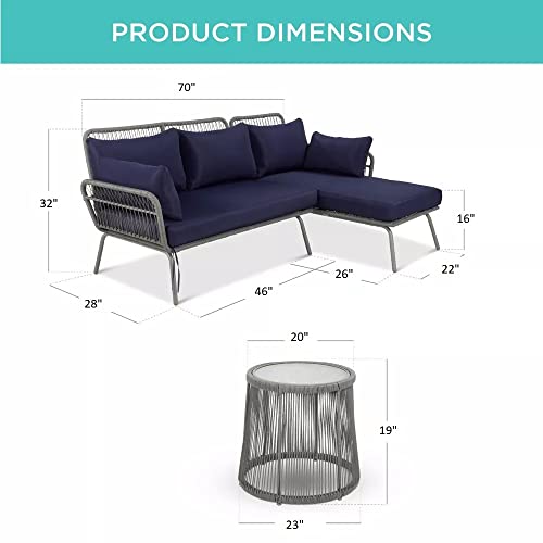Image of DEVOKO 3 Piece Outdoor Comfortable L-Shaped Sectional Rope Conversation Lounge Sofa Set with Glass Top Table for Balcony, Patio, Garden, Pool (Grey & Navy-Blue)