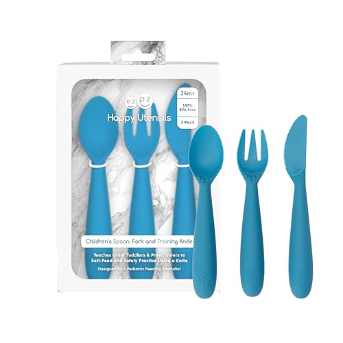 ezpz Happy Utensils (Blue) - 24 Months+ - Fork, Spoon and Knife