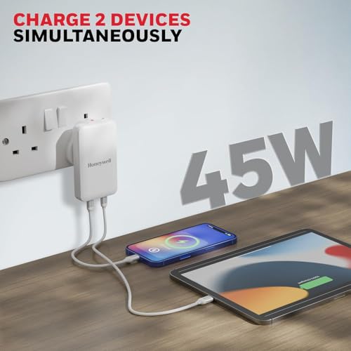 Image of Honeywell Zest Ultra-Thin GaN 45W Dual Type-C PD 3.0 Wall Charger with PPS Support, Ultra-Fast Charging, Compatible with iPhone, iPad Pro, Pixel, Galaxy, OnePlus, Tablets & Smartwatches | PPS Support, Ultra-Fast Charging, Compatible with iPhone, iPad Pro, Pixel, Galaxy, OnePlus, Tablets & Smartwatches