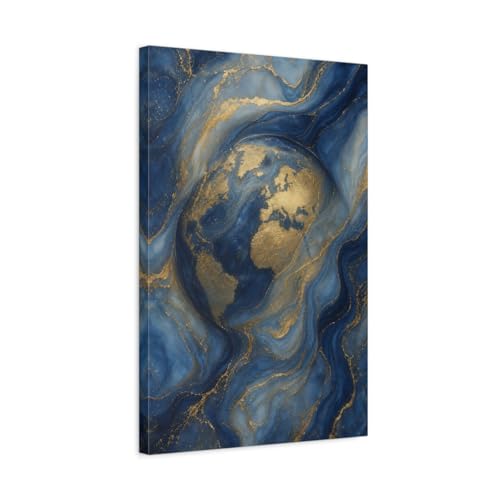 Tableau Carte du Monde Bleu et Or 40x60cm pour Salon Chic
