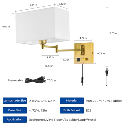 Image of Plug in Swing Arm Wall Sconce, Wall Lights for Living Room | Wall Lamp with USB C+A Charging Ports, Adjustable Swing Arm 270, Adjustable Color Temperature, Wall Mount Lamp for Bedroom