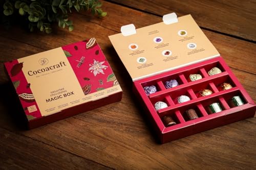 Image of Cocoacraft Magic Box 12 pcs | Handmade White, Milk & Dark Chocolate Pralines with Cranberry, Coffee, Almond, Orange & Caramel | Premium Gift Hamper for Wedding, Birthday & Corporate Gifting