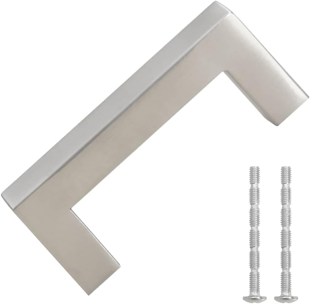 Cabinet Handles Set of 10, 3-Inch Brushed Stainless Steel Drawer Pulls, Modern Square Silver Kitchen Cupboard Hardware for Furniture, Dresser, Bathroom Cabinets
