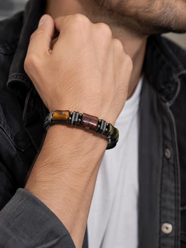 Pulsera trenzada de cuero para hombre con piedra ojo de tigre miniatura 3