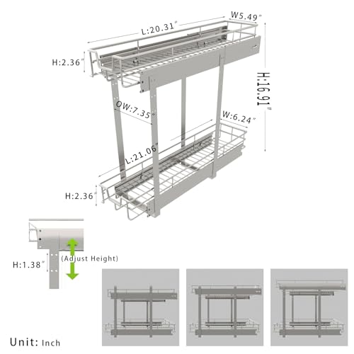 EZKAZA Pull Out Cabinet Organizer 7.5" W x 21" D, 2-Tier Kitchen Cabinet Pullout Shelf and Drawer Organizer Slide Out Pantry Storage Basket, 6.2" W x 21" D x 2.4" H for Bottom Basket Size - Image 3