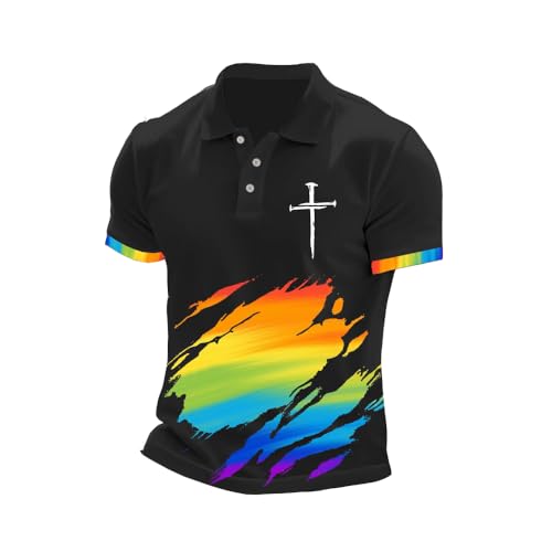 Men's Gay Pride Faith Cross Rainbow Print LGBTQ Polo Shirt