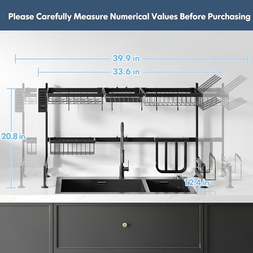 romision Over Sink Dish Drying Rack, 2-Tier Adjustable Length(33.5-40 in) Large Stainless Steel Dish Rack Over Sink, Multifunctional Kitchen Organizer, Space Saving Kitchen Sink Drying Rack, Black
