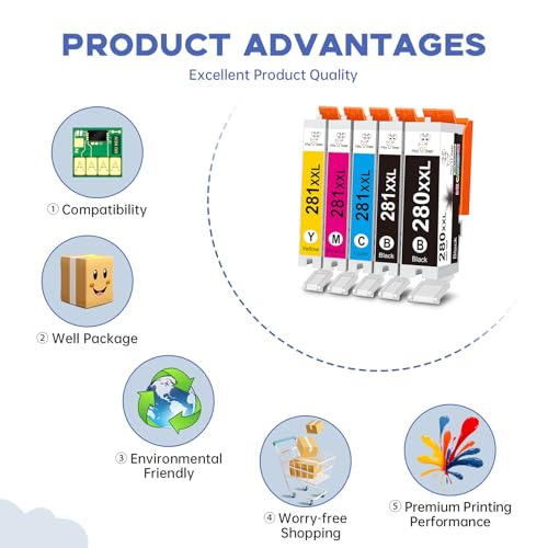 Image of Miss Deer Compatible Ink Cartridge Replacement for Canon 280 281 PGI-280XXL CLI-281XXL for Canon Pixma TR8520 TR7520 TS6120 TS6220 TS6320 TS6300 TS6200 TS6100 TS9520 TS9521C Printer Ink (5 Pack)