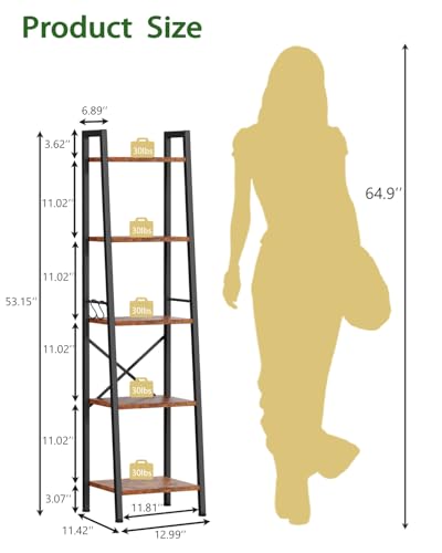 Furologee-5-Tier-Ladder-ShelfTall-Bookshelf-with-2-HooksNarrow-Bookcase-with-Storage-ShelvesCorner-Shelf-Free-Standing-Units-for-BedroomLiving-RoomHome-OfficeKitchenRustic-Brown Furologee 5 Tier Ladder ShelfTall Bookshelf with 2 HooksNarrow Bookcase with Storage ShelvesCorner Shelf Free Standing Units for BedroomLiving RoomHome OfficeKitchenRustic Brown