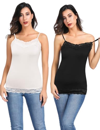 Kate Kasin Women's Adjustable Spaghetti Strap Lace Trim Cami Tunic Tank Top 2PACK3