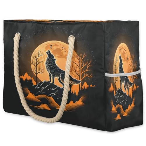 Starry Sky Wolf Mountain Women's Large Beach Bag Waterproof and Sand-proof Canvas Tote Lightweight Shoulder Bag Suitable for Pool Beach Travel Holiday Gym Yoga Care