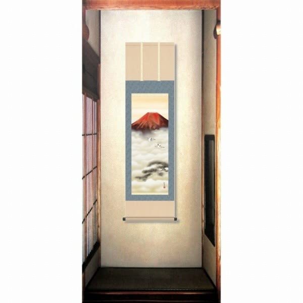 真作】掛軸宇田川彩悠高精彩工芸画赤富士双鶴吉祥画共箱入R169