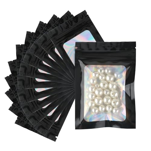 G2PLUS 100PCS Mylar Ziplock Bags Sachets Plastiques Zip-Noir Sachets Refermable Zip Mylar 7x10cm Pochon Zip Holographique pour Stockage Aliments et Emballage